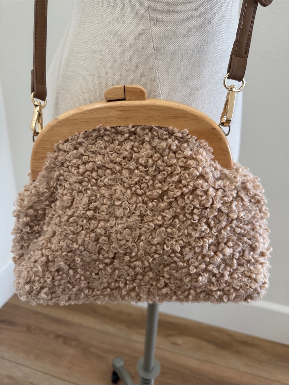 3AM FOREVER Women’s Plush Curly Faux-Shearling Crossbody Bag - Beige